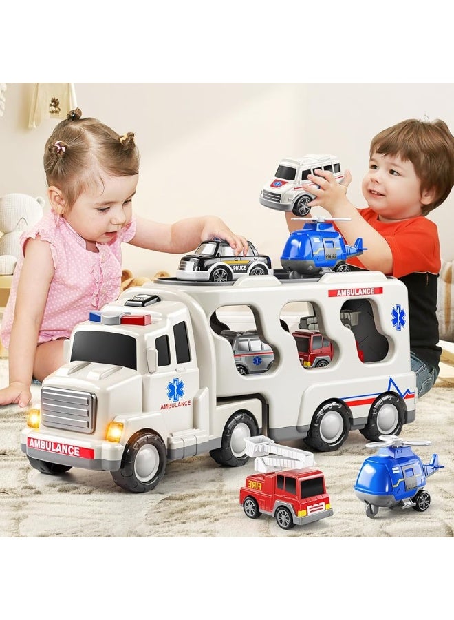 TEMI 5 Pack Emergency Rescue Vehicle Toddler Truck Toys for 3 4 5 6 Year Old Boys, Friction Power Cars with Rescue Helicopter, Police Car, Fire Truck, Ambulance Car, Birthday Gifts for Girls Age 3-9 - Image 1