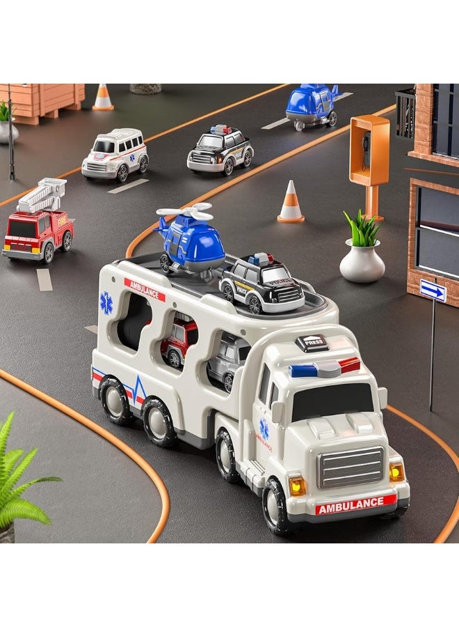 TEMI 5 Pack Emergency Rescue Vehicle Toddler Truck Toys for 3 4 5 6 Year Old Boys, Friction Power Cars with Rescue Helicopter, Police Car, Fire Truck, Ambulance Car, Birthday Gifts for Girls Age 3-9 - Image 2