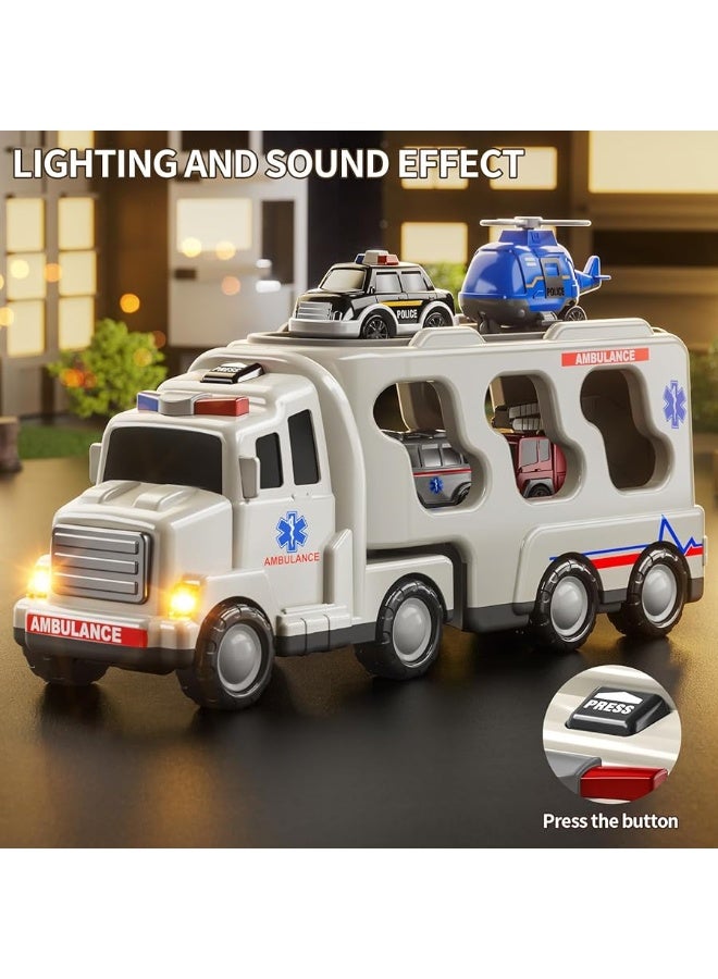 TEMI 5 Pack Emergency Rescue Vehicle Toddler Truck Toys for 3 4 5 6 Year Old Boys, Friction Power Cars with Rescue Helicopter, Police Car, Fire Truck, Ambulance Car, Birthday Gifts for Girls Age 3-9 - Image 3
