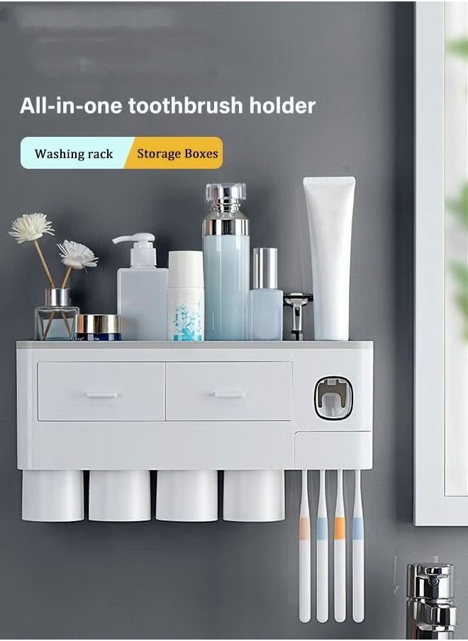 Wall-Mounted Toothbrush Holder, 4-Cup Multifunctional Organizer with Drawer for Bathroom, Space-Saving Toothbrush and Toothpaste Holder, White & Grey - pzsku/ZF77B053150CCB841F34EZ/45/_/1719831806/b590a1d6-dcdb-46fe-9022-a16eb9435c9a