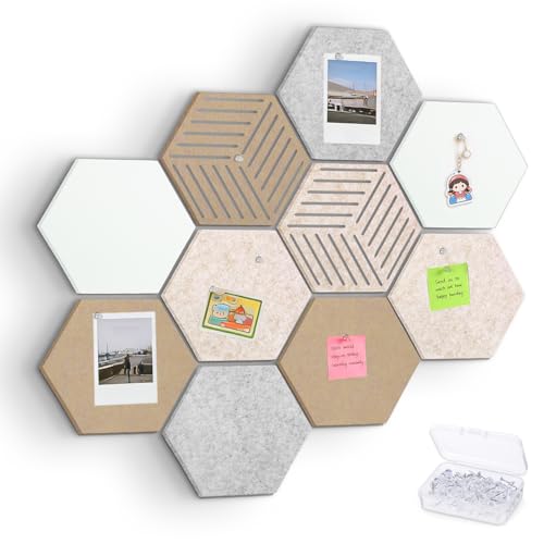 Thboxes 10 Pack Hexagon Cork Board, 12" x 10" Self-Adhesive Felt Bulletin Board Tiles with 40 Pushpins, Pin Boards for Wall Decor Home Office School DIY Display Boards for Photos (Camel Color Theme) - Image 1