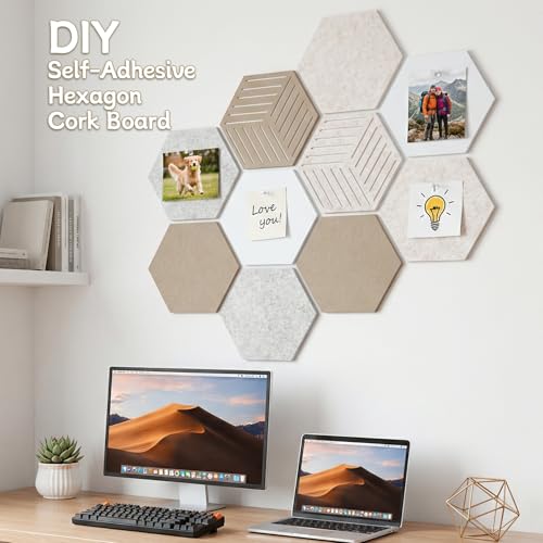Thboxes 10 Pack Hexagon Cork Board, 12" x 10" Self-Adhesive Felt Bulletin Board Tiles with 40 Pushpins, Pin Boards for Wall Decor Home Office School DIY Display Boards for Photos (Camel Color Theme) - Image 4