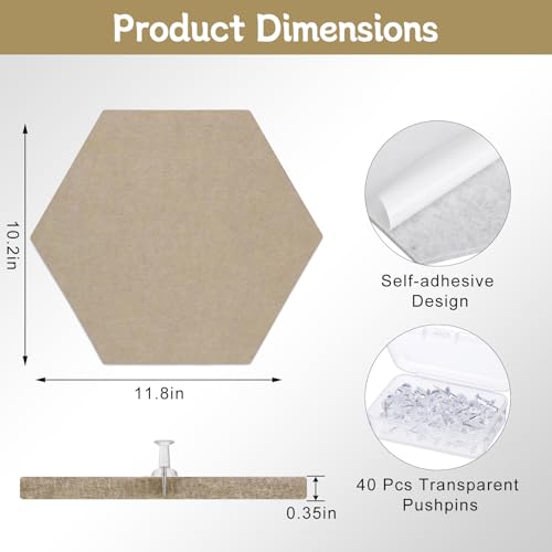 Thboxes 10 Pack Hexagon Cork Board, 12" x 10" Self-Adhesive Felt Bulletin Board Tiles with 40 Pushpins, Pin Boards for Wall Decor Home Office School DIY Display Boards for Photos (Camel Color Theme) - Image 2