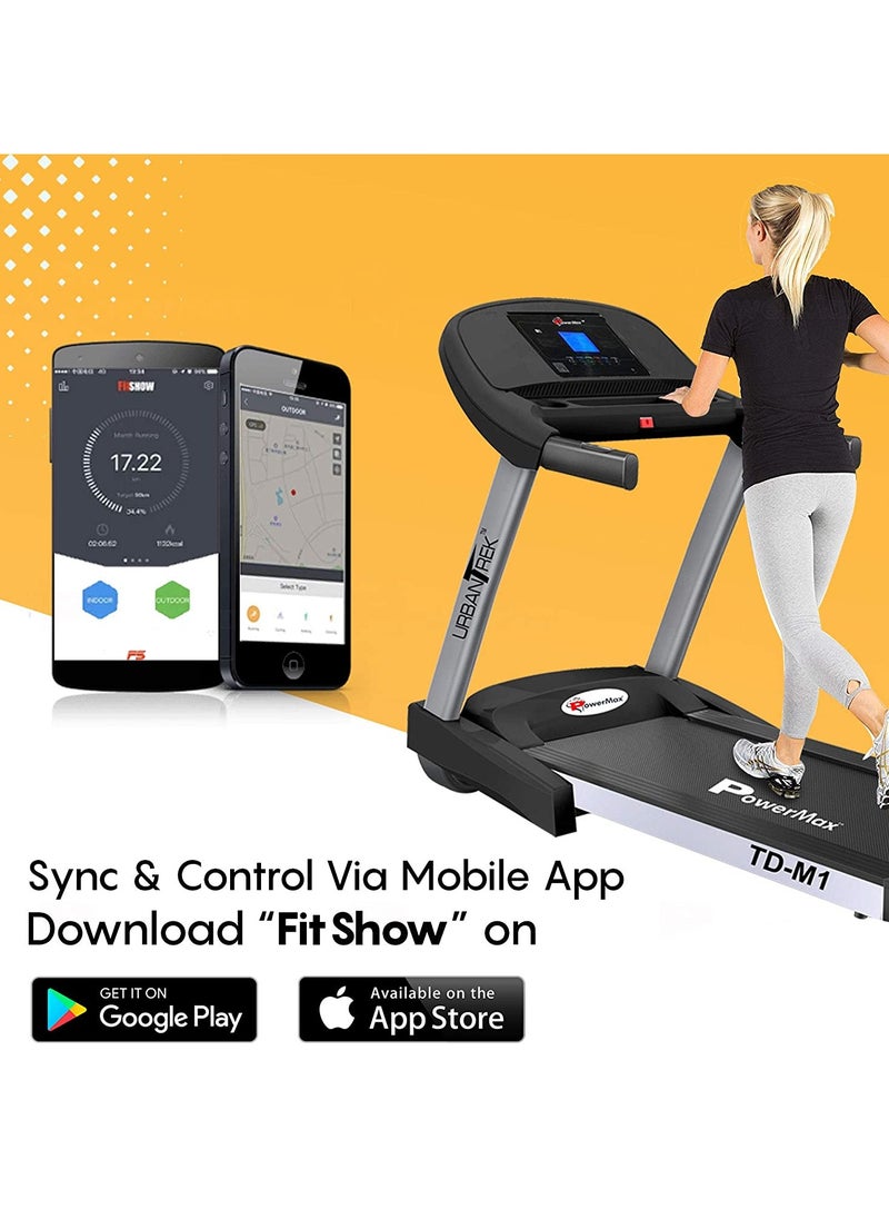 PowerMax Fitness - PowerMax Fitness TD-M1 (4HP Peak) Pre-installed Motorized Foldable Treadmill for Home Use | Manual-Incline Treadmill | Semi-Auto Lubrication | Multifunction Console LCD Display, BT, Speaker, MP3, AUX - Image 1