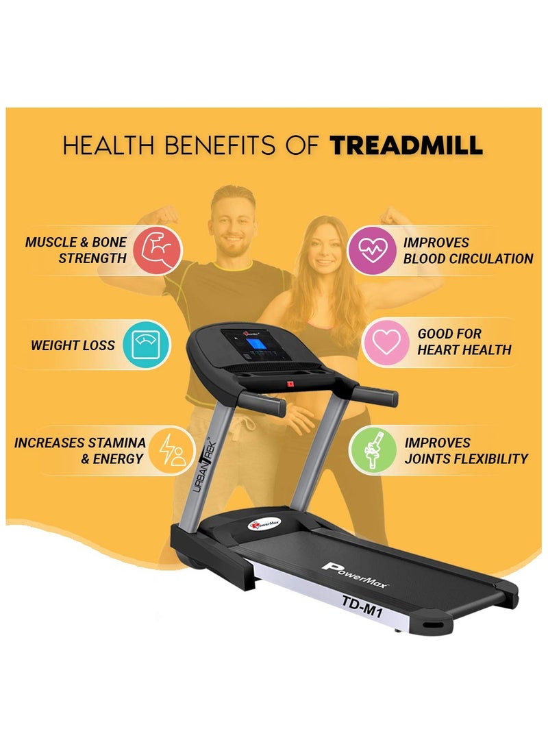 PowerMax Fitness - PowerMax Fitness TD-M1 (4HP Peak) Pre-installed Motorized Foldable Treadmill for Home Use | Manual-Incline Treadmill | Semi-Auto Lubrication | Multifunction Console LCD Display, BT, Speaker, MP3, AUX - Image 1