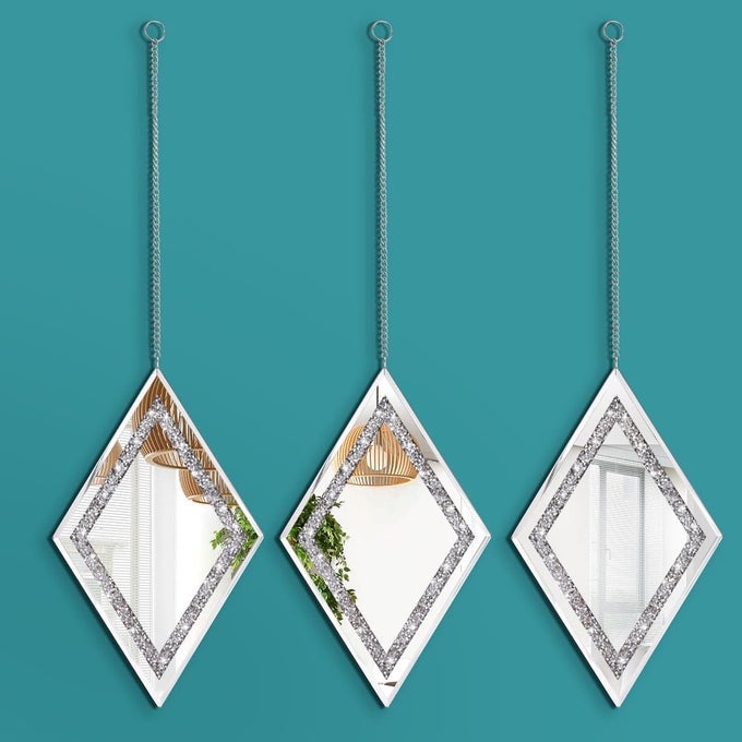 SILVER DIAMOND SHAPED WALL MIRROR SET OF 3 DECORATIVE CRYSTAL CRUSH DIAMOND MIRRORS FOR BEDROOM LIVING ROOM HALLWAY HOME DECOR
