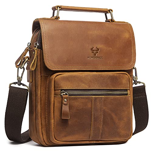 HUMERPAUL Genuine Leather Crossbody Sling Bag Messenger Man Purse Handbags for Mens Zipper Shoulder Bag for Work Business Brown