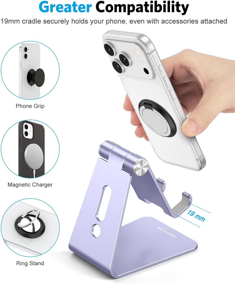 Omoton Adjustable Cell Phone Stand, C2 Aluminum Desktop Cellphone Stand with Anti-Slip Base and Convenient Charging Port, Fits All Smart Phones, Haze Purple - Image 5