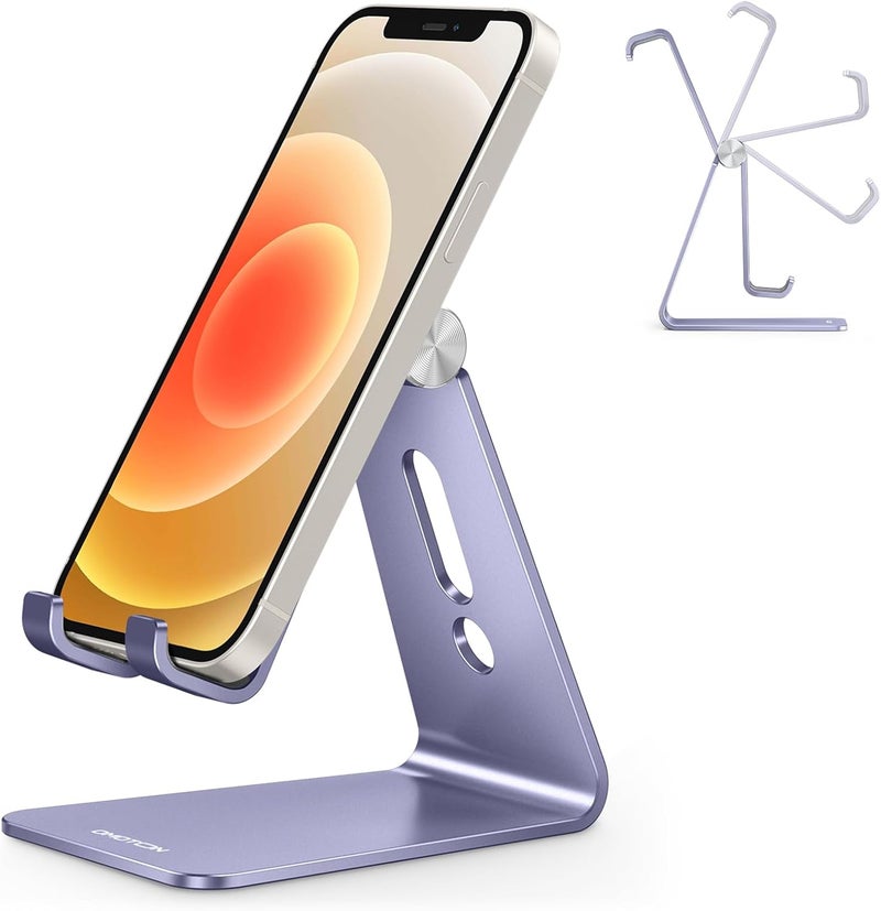 Omoton Adjustable Cell Phone Stand, C2 Aluminum Desktop Cellphone Stand with Anti-Slip Base and Convenient Charging Port, Fits All Smart Phones, Haze Purple - Image 1