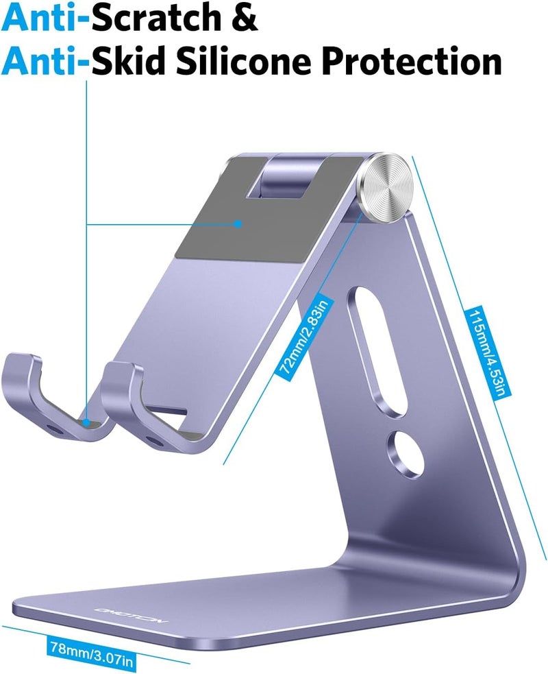Omoton Adjustable Cell Phone Stand, C2 Aluminum Desktop Cellphone Stand with Anti-Slip Base and Convenient Charging Port, Fits All Smart Phones, Haze Purple - Image 3