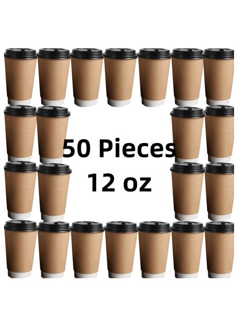 50 Pcs Drinking Disposable Coffee Paper Cups with Black Lids (12 oz)