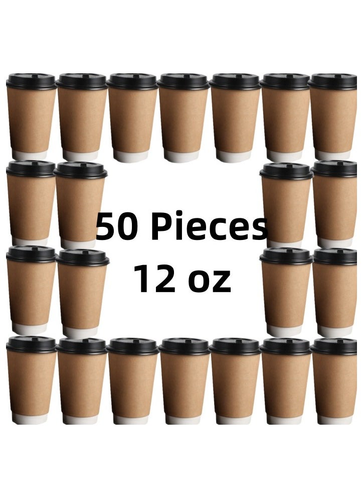 50 Pcs Drinking Disposable Coffee Paper Cups with Black Lids (12 oz)