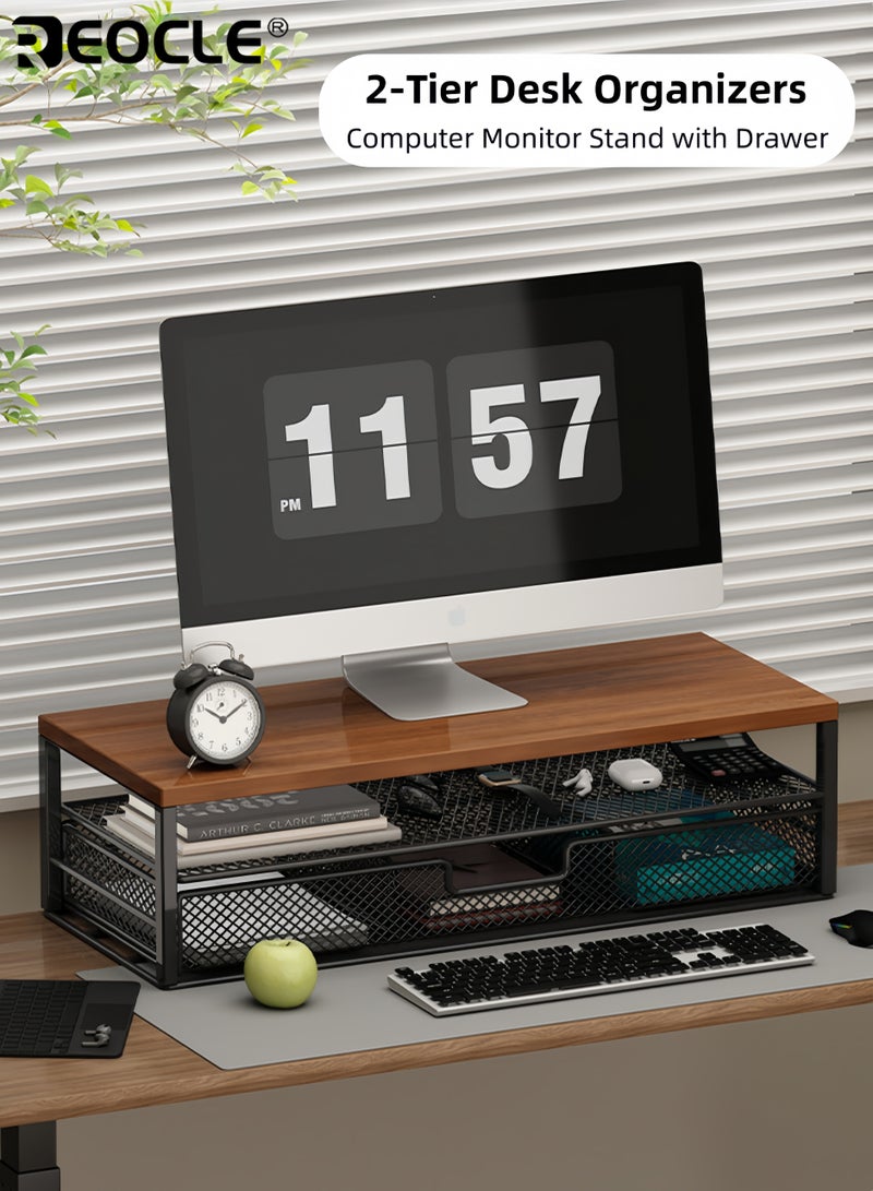 REOCLE Monitor Stand Riser with Storage Drawer and Office Organizer Design Desktop Shelf with Durable Construction for Computer Equipment Organization - Image 1
