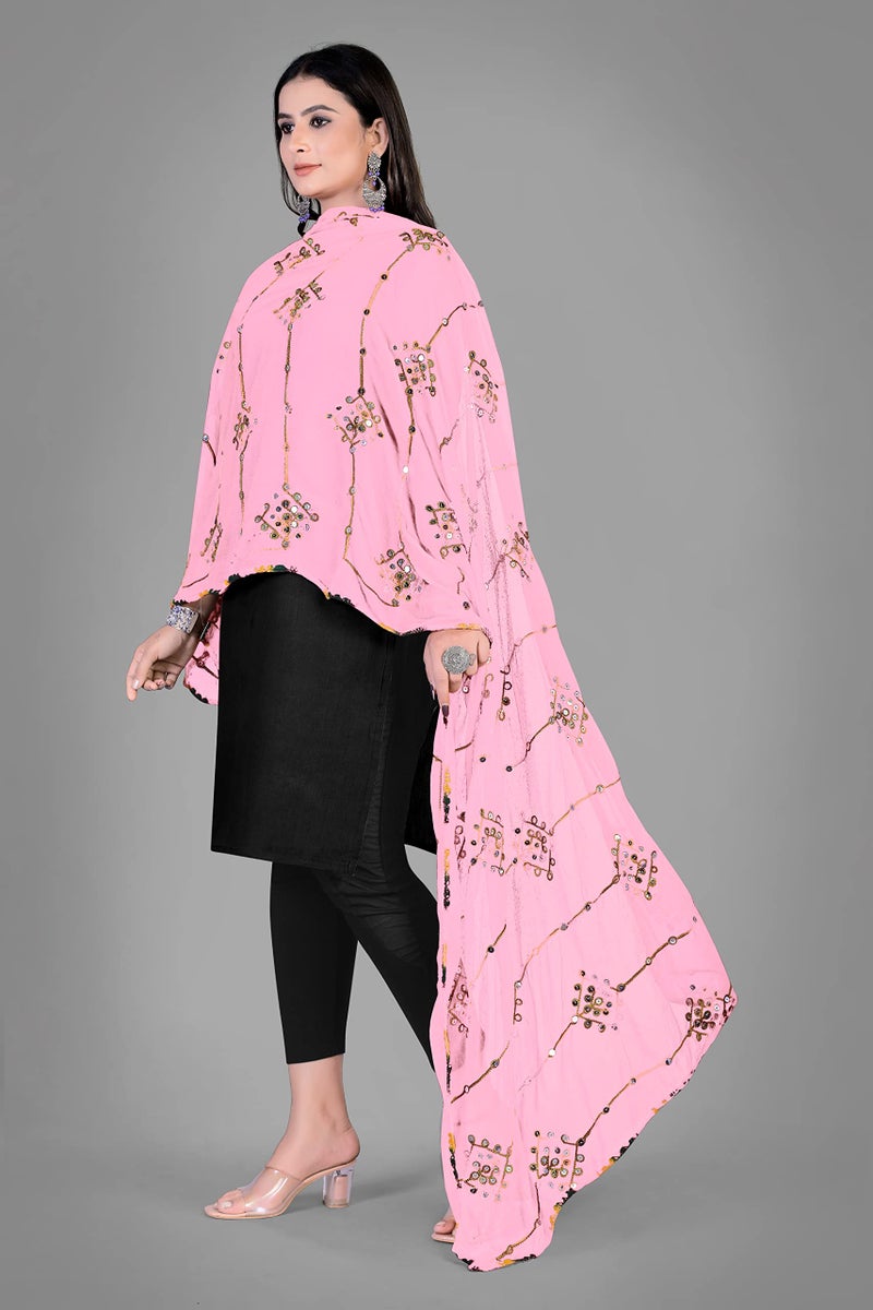 KEMZA Women's Embroidered Mirror Work Chiffon Dupatta (Light Pink_Free size) - Image 2
