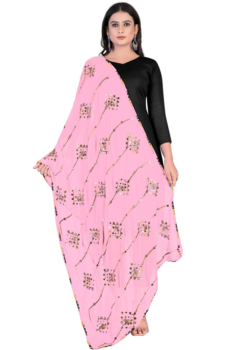 KEMZA Women's Embroidered Mirror Work Chiffon Dupatta (Light Pink_Free size) - Image 1