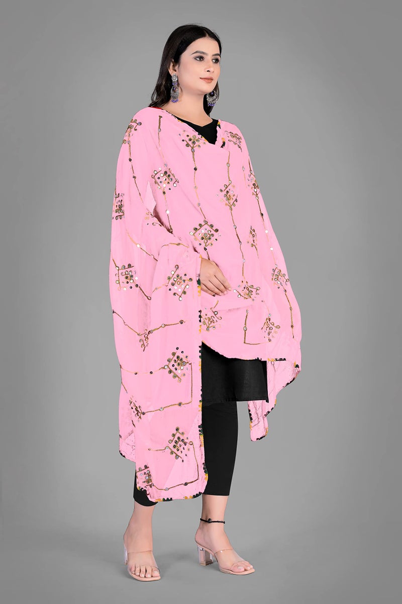KEMZA Women's Embroidered Mirror Work Chiffon Dupatta (Light Pink_Free size) - Image 3