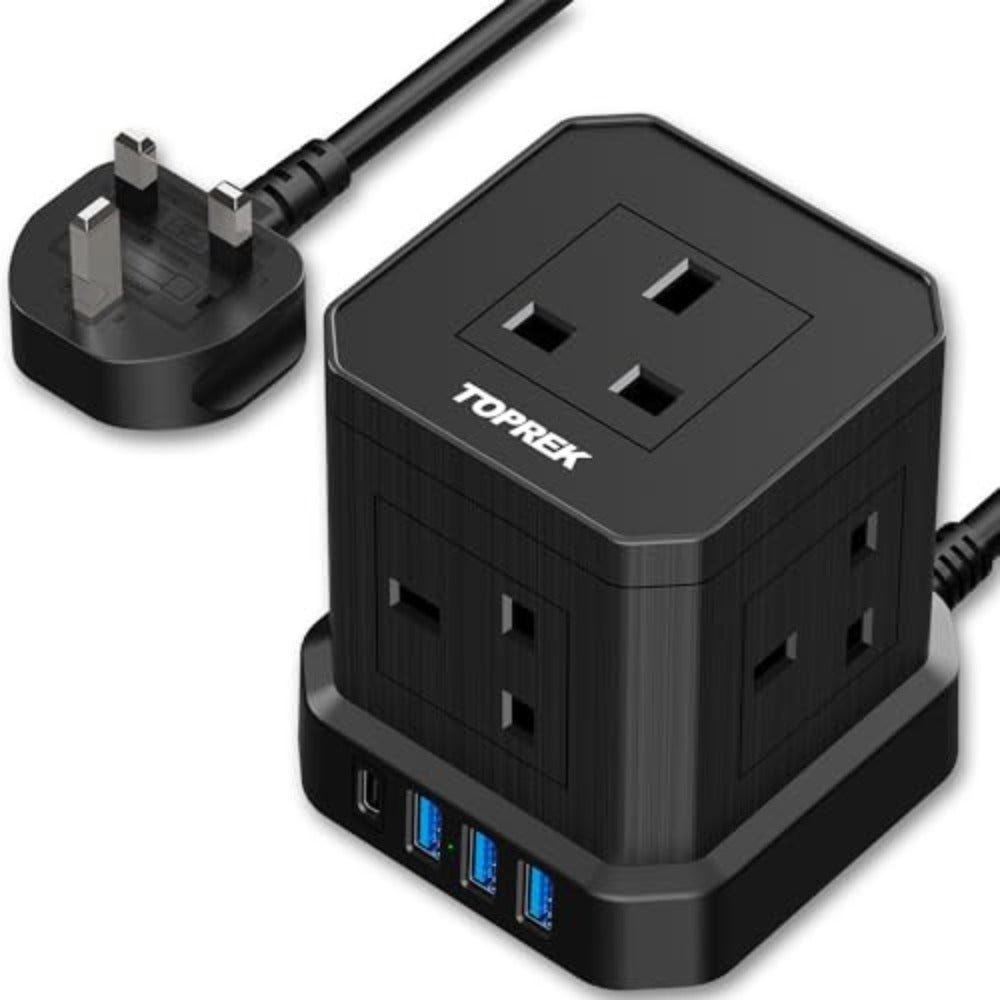Cube Extension Lead with USB Slots, 5 Way Power Strip with 5 AC Outlet 4 USB 20W PD3.0 Fast Charger 1 Switch, 2M Extension Cord, 3250W/13A, UK Power Strip for Desk Home Office Travel