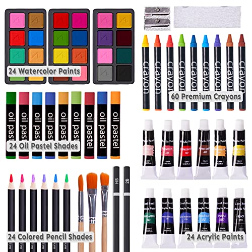 Color More مجموعة فنون ديلوكس 175 قطعة من Color More مع 2 دفتر رسم، ألوان أكريليك، أقلام شمع، أقلام ملونة، مجموعة طلاء في علبة خشبية، مجموعة فنون احترافية، مستلزمات فنية للبالغين، المراهقين والفنانين، WoodMuse Plus - Image 2