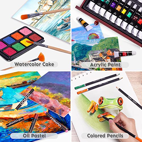 Color More مجموعة فنون ديلوكس 175 قطعة من Color More مع 2 دفتر رسم، ألوان أكريليك، أقلام شمع، أقلام ملونة، مجموعة طلاء في علبة خشبية، مجموعة فنون احترافية، مستلزمات فنية للبالغين، المراهقين والفنانين، WoodMuse Plus - Image 3