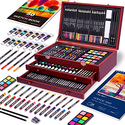 Color More مجموعة فنون ديلوكس 175 قطعة من Color More مع 2 دفتر رسم، ألوان أكريليك، أقلام شمع، أقلام ملونة، مجموعة طلاء في علبة خشبية، مجموعة فنون احترافية، مستلزمات فنية للبالغين، المراهقين والفنانين، WoodMuse Plus - Image 4