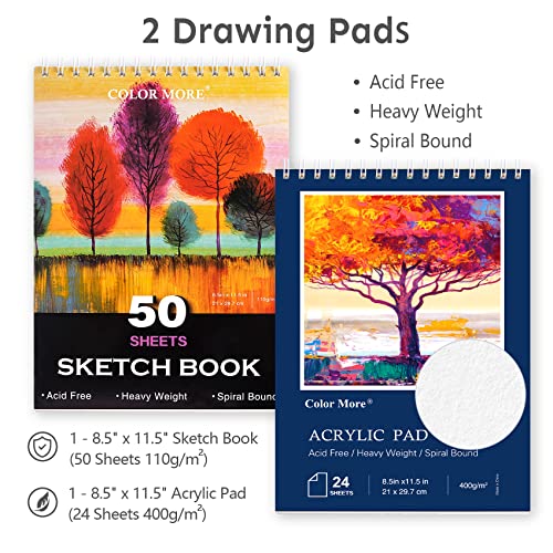 Color More مجموعة فنون ديلوكس 175 قطعة من Color More مع 2 دفتر رسم، ألوان أكريليك، أقلام شمع، أقلام ملونة، مجموعة طلاء في علبة خشبية، مجموعة فنون احترافية، مستلزمات فنية للبالغين، المراهقين والفنانين، WoodMuse Plus - Image 5