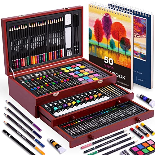Color More مجموعة فنون ديلوكس 175 قطعة من Color More مع 2 دفتر رسم، ألوان أكريليك، أقلام شمع، أقلام ملونة، مجموعة طلاء في علبة خشبية، مجموعة فنون احترافية، مستلزمات فنية للبالغين، المراهقين والفنانين، WoodMuse Plus - Image 1