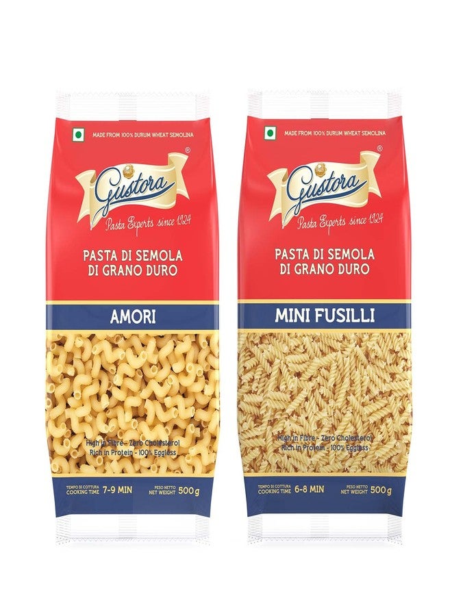 Gustora Healthy Amori & Mini Fusilli Pasta I Durum Wheat Semolina I Rich In Protein & Fibre I Zero Cholesterol I Vegetarian I No Trans - Fat I Cooking Time 10 Min - (500 Gm X 2) - Image 1