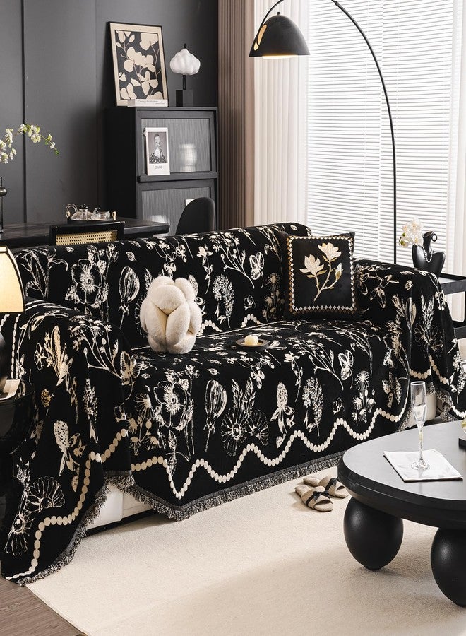 DREAMINGO Black Floral Couch Cover Farmhouse Botanical Jacquard Sofa Covers for 2 Cushion Couch Cozy Chenille Living Room Furniture Loveseat Sectional Sofa Slipcovers Washable, Large 71"x118" - Image 1