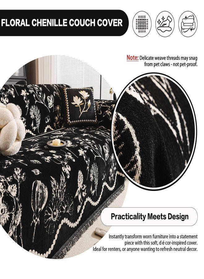 DREAMINGO Black Floral Couch Cover Farmhouse Botanical Jacquard Sofa Covers for 2 Cushion Couch Cozy Chenille Living Room Furniture Loveseat Sectional Sofa Slipcovers Washable, Large 71"x118" - Image 3