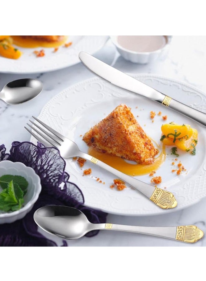 عام مجموعة أدوات طعام ذهبية، نقش أنيق من الفولاذ المقاوم للصدأ، مجموعة فاخرة بنمط التاج، مناسبة للحفلات والعشاء العائلي، آمنة لغسالة الأطباق، تأتي في صندوق هدايا (72 قطعة، ذهبية) - Image 3