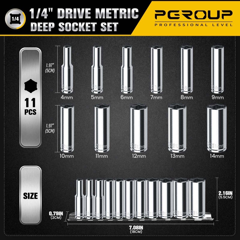 pgroup 1/4" Drive Deep Socket Set, 11PCS Metric Size Socket Set (4mm-14mm), 6-Point Design, Equipped with Storage Holder, Chrome Vanadium Steel - Image 2