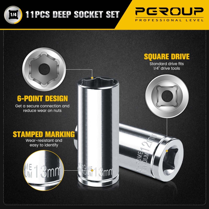pgroup 1/4" Drive Deep Socket Set, 11PCS Metric Size Socket Set (4mm-14mm), 6-Point Design, Equipped with Storage Holder, Chrome Vanadium Steel - Image 4