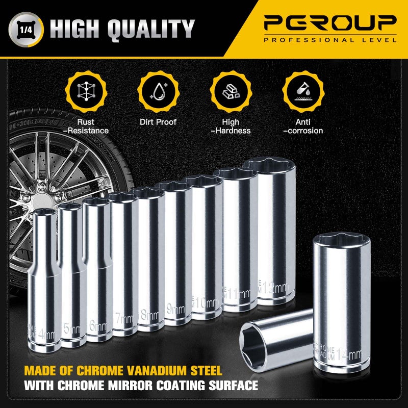 pgroup 1/4" Drive Deep Socket Set, 11PCS Metric Size Socket Set (4mm-14mm), 6-Point Design, Equipped with Storage Holder, Chrome Vanadium Steel - Image 5