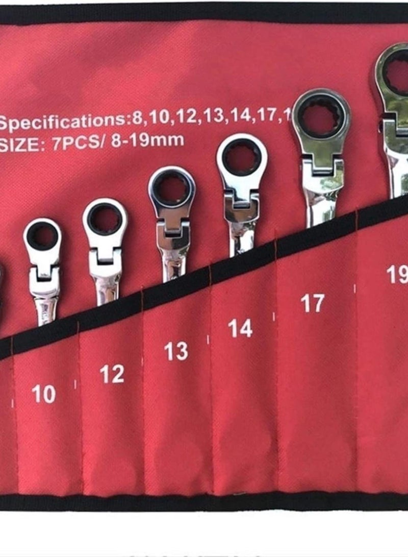 GGOOT Hardware Tool Ratchet Wrench Spanners Hand Tools Key Wrench Set Chrome Steel Adjustable Wrench Keys Set CR-V Car Repair Ratchet Spanner (Color : Red 7PCS)  - Image 1