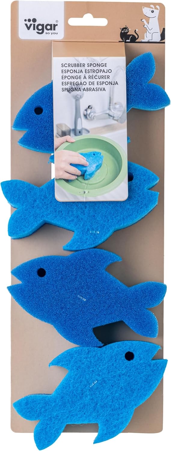 Vigar Pet Dish Sponge Set of 4 Blue FishShaped Scrub Sponges for Cat Bowls Ideal for Stainless Steel Cat Bowls and Plastic Cat Bowls NonScratch - Image 4