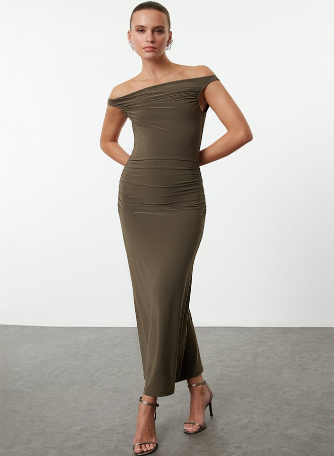 trendyol Khaki Body-fitting Carmen Collar Knitted Stylish Dress - Image 1