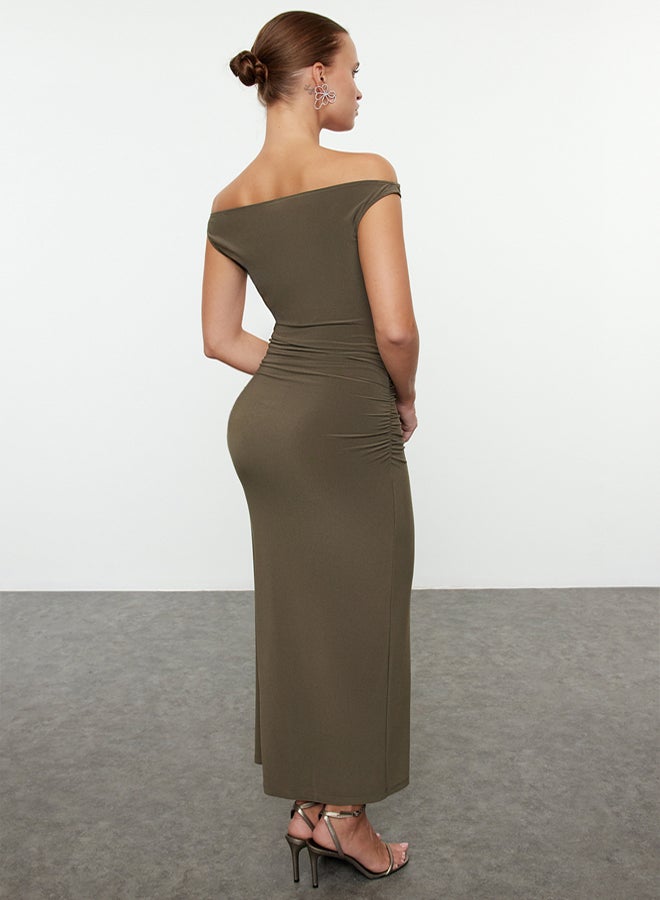 trendyol Khaki Body-fitting Carmen Collar Knitted Stylish Dress - Image 5