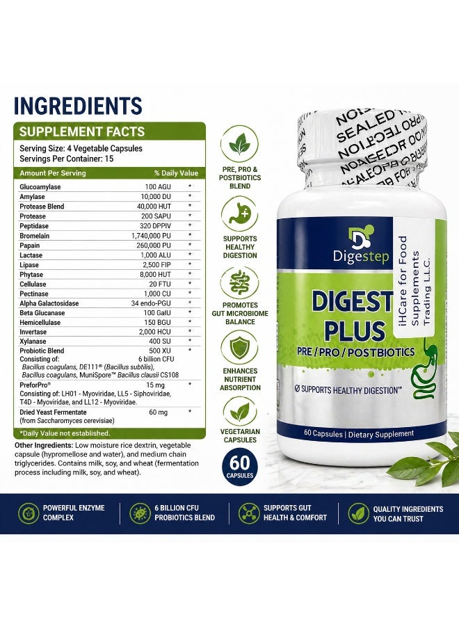 Digestep Digest Plus Pre / Pro / Postbiotics Capsules for Digestive Health, 60 Capsules - Image 2