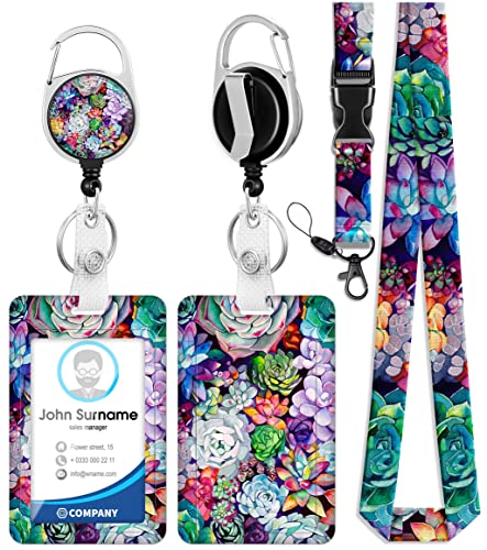 Toykee ID Badge Holder with Lanyard and Retractable Badge Reel Clip, Succulent Plants Card Name Tag Lanyard Vertical ID Protector Bage Clips for Nurse Nursing Doctor Teacher Student - Image 1