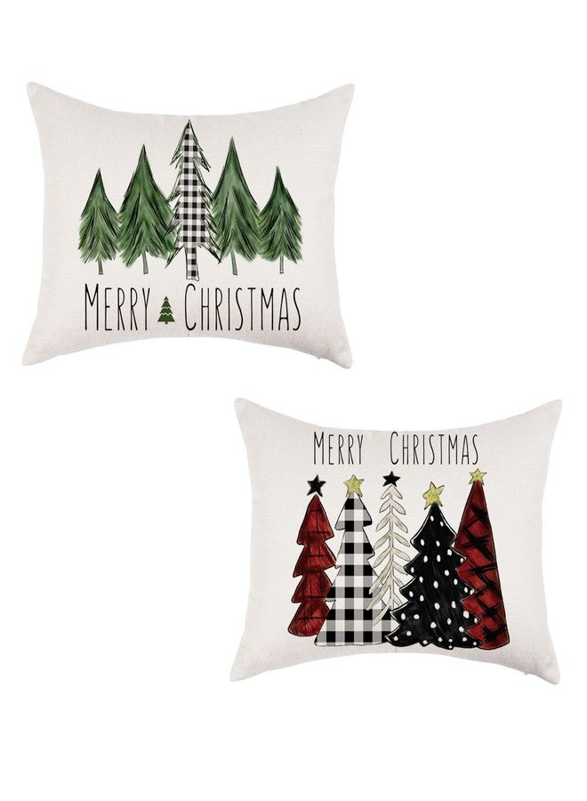 ONWAY Christmas Pillow Covers 12x20 Inch Set of 2 Trees Red Black Green Buffalo Plaid Decorative Lumbar Pillowcases Winter Holiday Cushion Cases for Christmas Decorations - Image 1