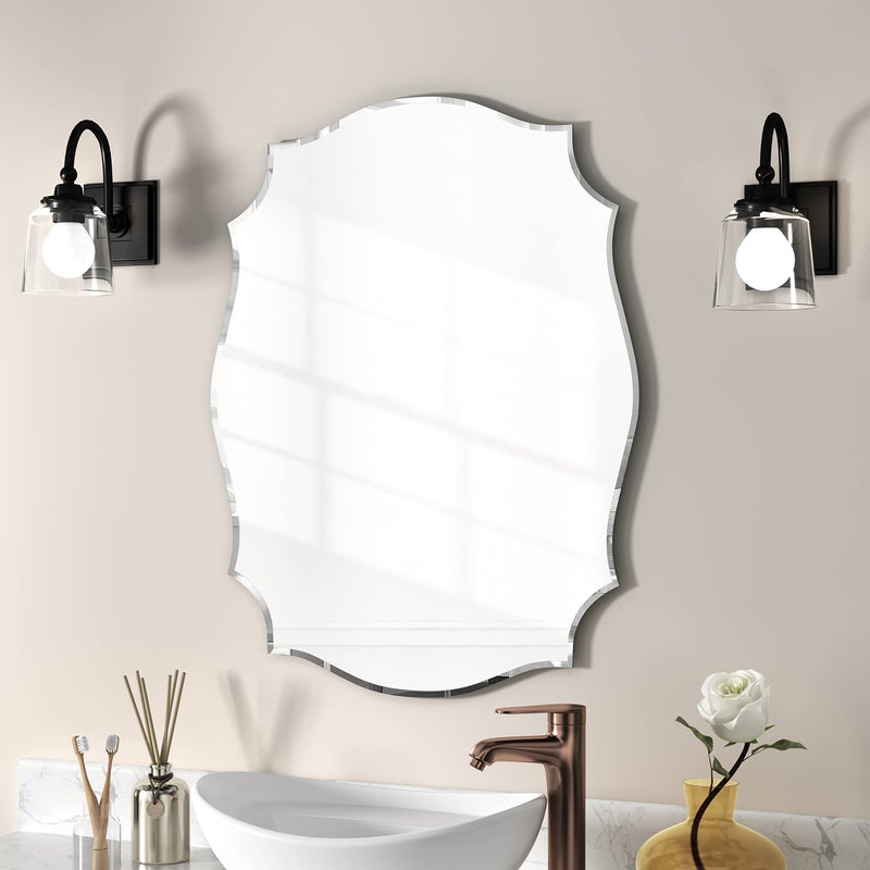 KOHROS Scalloped Bathroom Mirrors for Over Sink 18 x 24 Silver Frameless Beveled Edge Wall Mirror for Bathroom Vanity Entryway