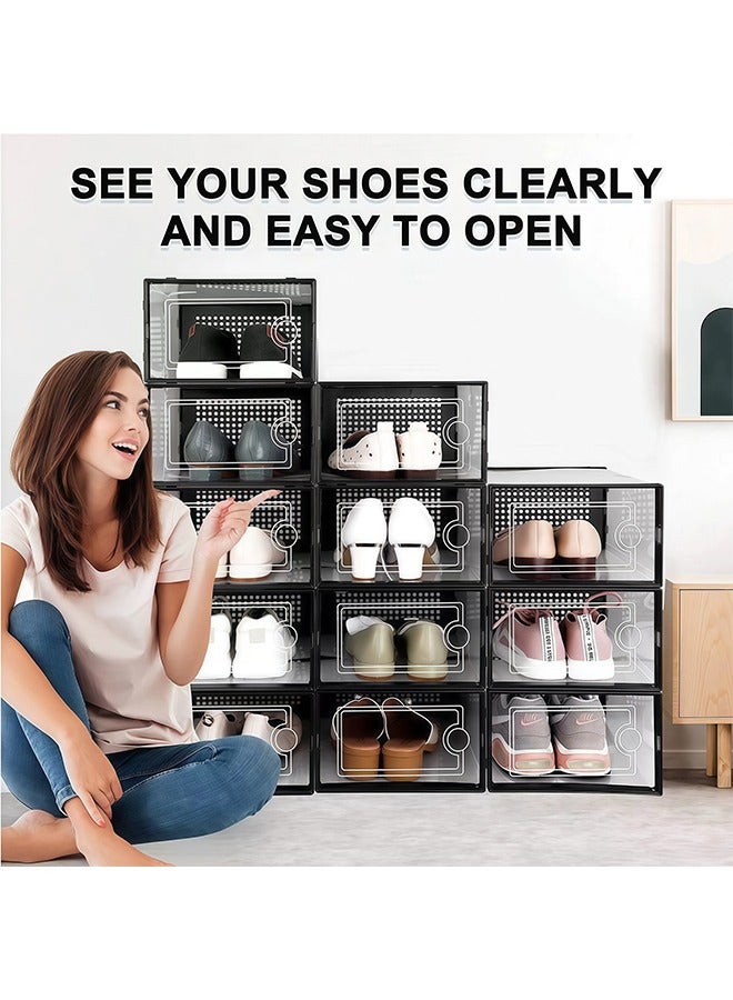 RollsTimi  Large Shoe Storage Boxes Organizers Clear Plastic Stackable 12 Pack, Shoe Rack & Holder Substitute, Sneaker Containers, Toy Storage Organizer Bins for Entryway, Closet, Under Bed, Black - Image 1