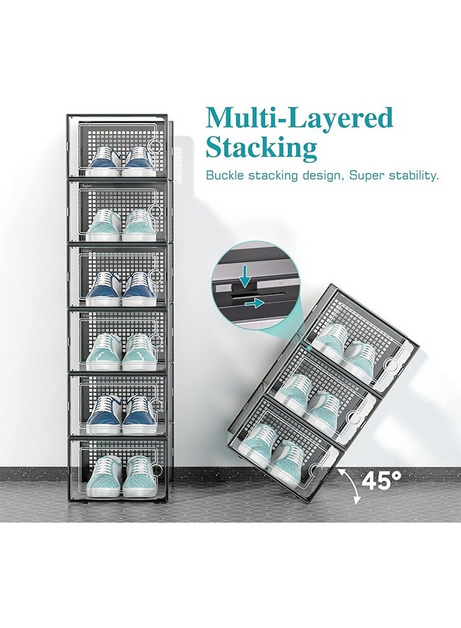 RollsTimi  Large Shoe Storage Boxes Organizers Clear Plastic Stackable 12 Pack, Shoe Rack & Holder Substitute, Sneaker Containers, Toy Storage Organizer Bins for Entryway, Closet, Under Bed, Black - Image 2