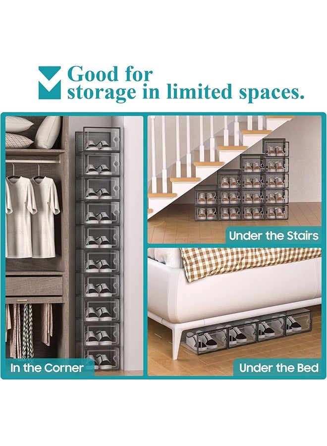 RollsTimi  Large Shoe Storage Boxes Organizers Clear Plastic Stackable 12 Pack, Shoe Rack & Holder Substitute, Sneaker Containers, Toy Storage Organizer Bins for Entryway, Closet, Under Bed, Black - Image 3