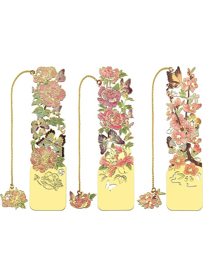 3 PCS Metal Bookmarks - Pretty & Beautiful Flower Bookmarks for Women - Peach Blossom, Cottonrose Hibiscus, Peony - Image 1