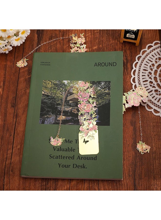 3 PCS Metal Bookmarks - Pretty & Beautiful Flower Bookmarks for Women - Peach Blossom, Cottonrose Hibiscus, Peony - Image 2