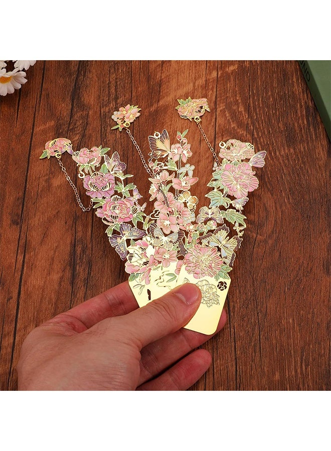 3 PCS Metal Bookmarks - Pretty & Beautiful Flower Bookmarks for Women - Peach Blossom, Cottonrose Hibiscus, Peony - Image 3
