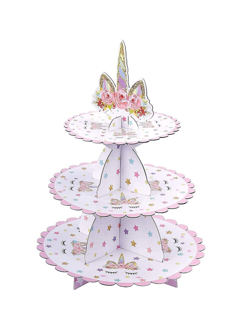 Y&D 3 Tier Unicorn Cardboard Cupcake Stand Tower Mini Round Dessert Holder for Baby Shower Gender Reveal Party - Image 1