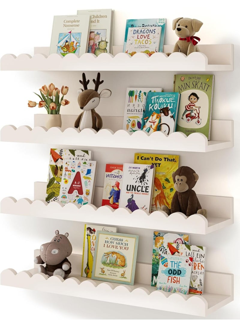 Bukela Nursery Book Shelves, 4-Pack White Floating Shelves for Wall Kids, Scalloped Shelves, Wall Book Shelves for Bedroom Kids, Toddler Room, Baby Room, Nursery Decor - Image 1