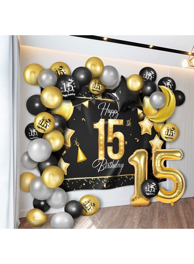 LINGPAR Happy 15Th Birthday Balloons Gold Set Decor Cheers To 15 Years Old Party Theme Garland Star Moon Banner Backdrop Decorations For Kids Supplies - Image 1